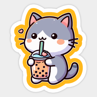 funny cat drink orange boba Sticker